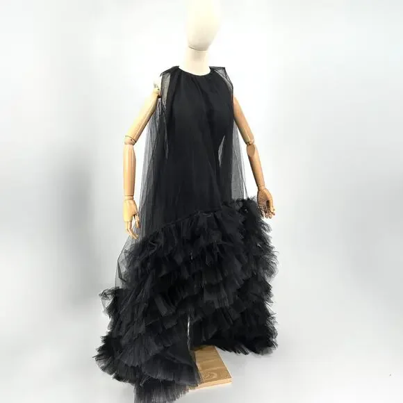 Black Tulle Ruffle High-Low Evening Gown with Interior Mini Dress Slip - Picture 1 of 7